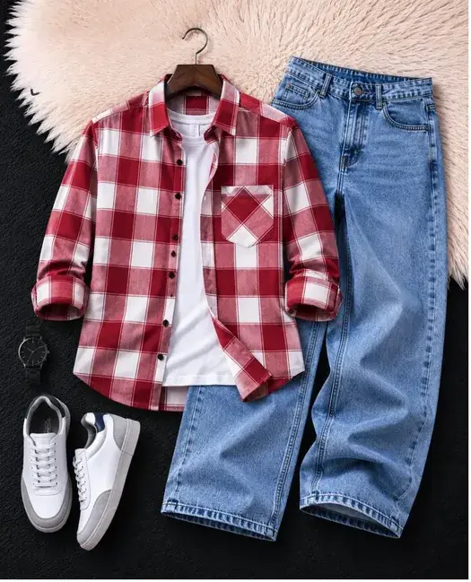 Men's Red & White Checked Shirt with Light Blue Wide-Leg Denim Jeans Combo