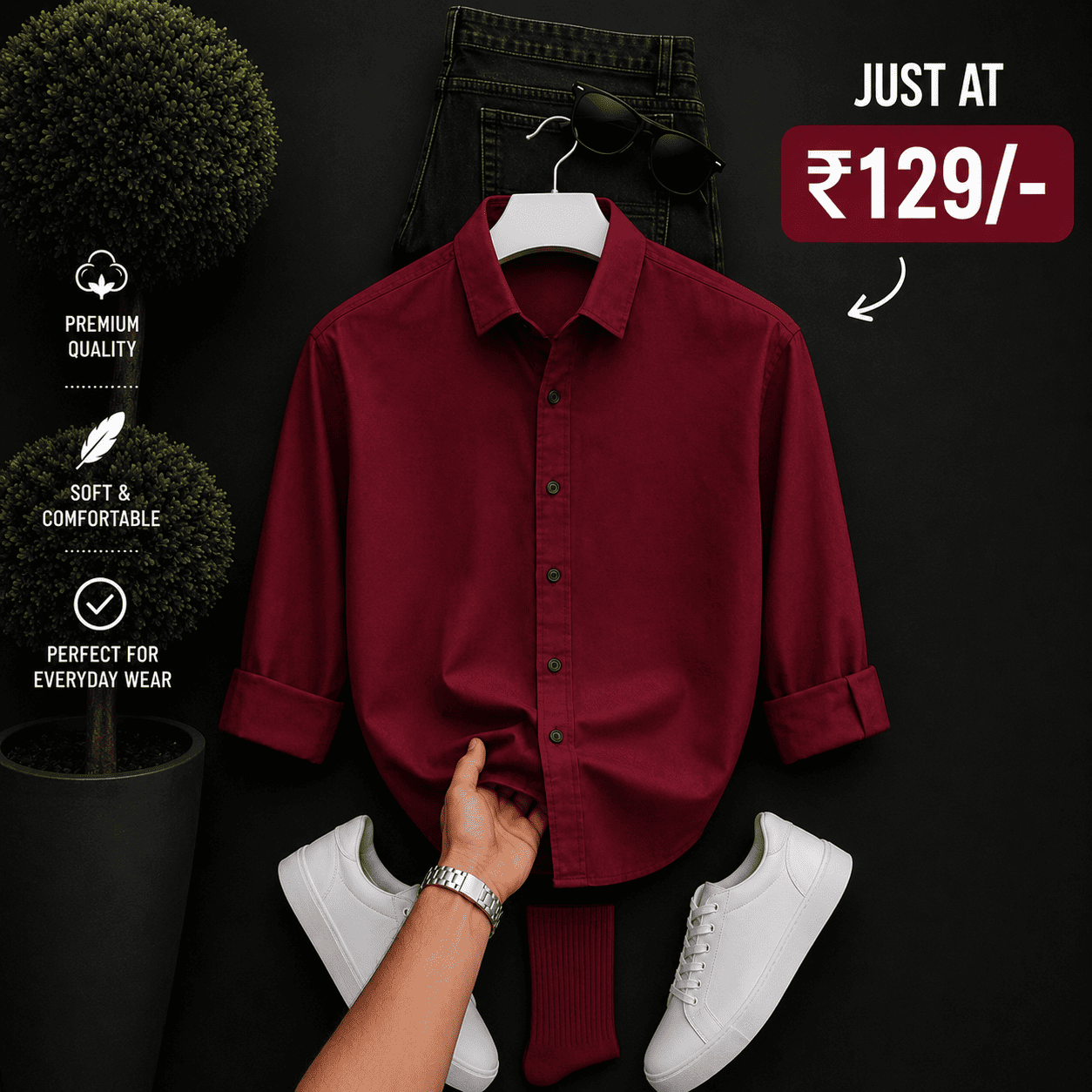Maroon Men's Shirt & Black Denim Jeans Combo – Stylish Cotton Casual Outfit for Men